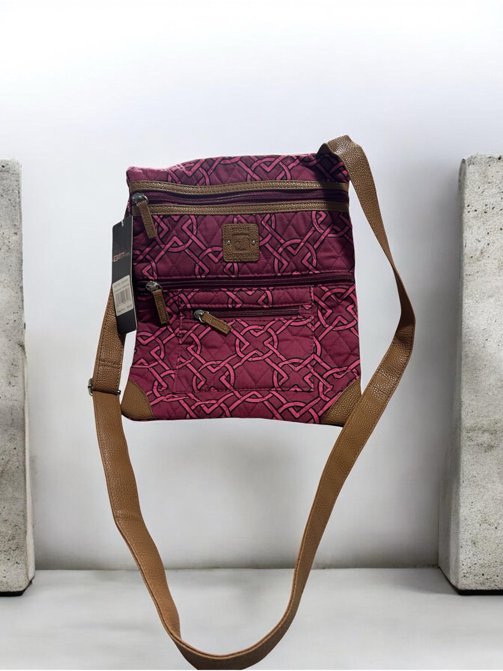 Stone Mountain Accessories Quilted Lockport Plum Crossbody with Tan Strap NWT